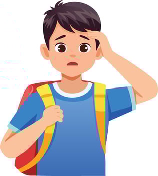 stressed young school boy with headache and backpack, feeling overwhelmed. flat cartoon vector