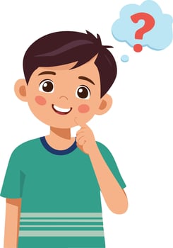 smart curious boy with question mark thought bubble, pondering and smiling. flat cartoon vector