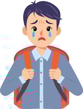 A crying, sad school boy with a backpack, upset about school or bullying. flat cartoon illustration vector