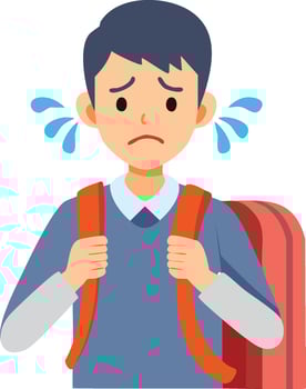 Flat cartoon illustration of a crying and sad school boy with a backpack, upset about school or bullying. vector