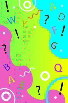 abstract colorful background with circles, waves, signs and hand drawn alphabet. vector