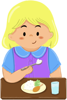 a blonde girl enjoying her meal at a desk png