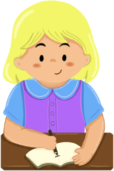 a blonde girl sitting at a desk and writing in her notebook with focus and calmness png