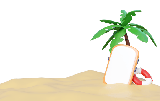 3D render of a tropical beach scene with a palm tree, a blank smartphone for copy space, and a lifebuoy on sandy ground. Ideal for summer, holiday, and travel themes. png