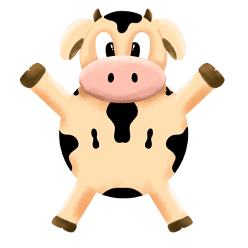 A joyful cow cartoon with black-and-white spots and a big pink snout png