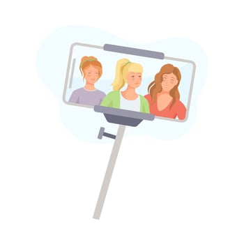Smartphone Attached to Selfie Stick Recording with Camera Filming Picture of Young Female on Screen Illustration vector