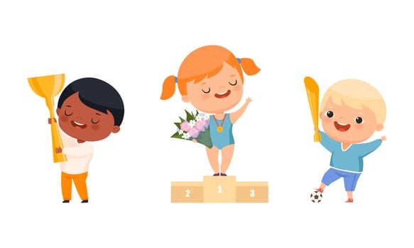 Kids holding trophies and medals vector