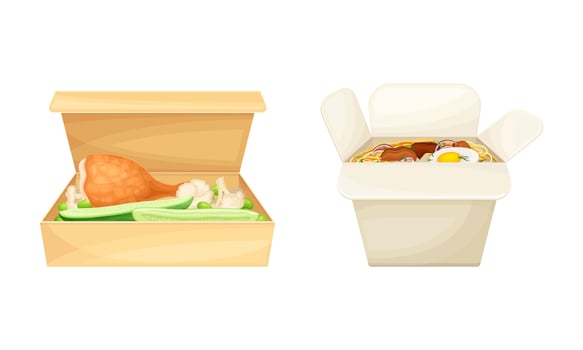Takeaway food boxes set. Paper containers with chicken drumstick and noodles tasty dishes illustration vector