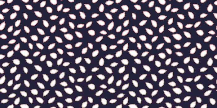 Seamless pattern with abstract organic leaf shapes in white with soft pink outlines on a dark navy background. Plain unique print for textiles, wallpapers, packaging, wrapping paper, branding vector