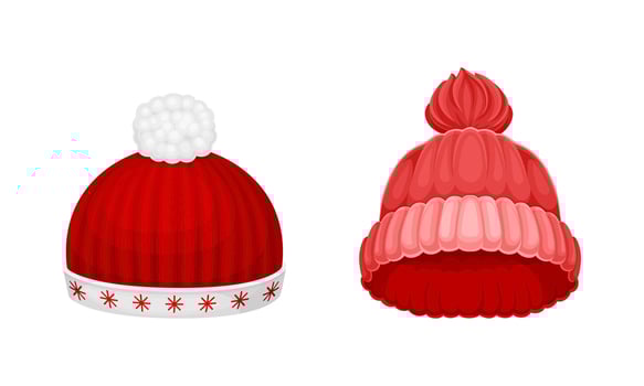 Red knitted hats with pompons set. Warm autumn and winter clothes cartoon illustration vector