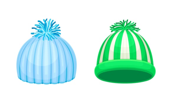 Knitted hats with pompons set. Warm autumn and winter accessories cartoon illustration vector