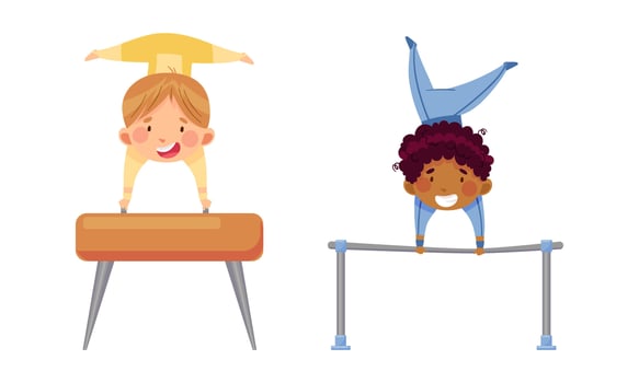 Kids gymnastic athletes practicing with sports equipment. Children doing rhythmic and sports gymnastics exercise with pommel horse and horizontal bar cartoon illustration vector