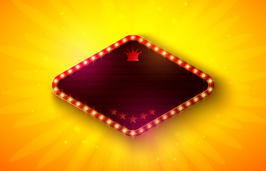 Retro Signboard Lightbox Banner Design with Glowing Light Bulb Frame Billboard on Shiny Yellow Background. Customizable Marquee Sign Illustration for Casino Advertising, Theater Show, Broadway vector