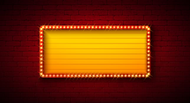 Retro Lightbox Banner Design with Glowing Light Bulb Frame Billboard Signboard on Vintage Brick Wall Background. Customizable Marquee Sign Illustration for Casino Advertising, Theater Show vector