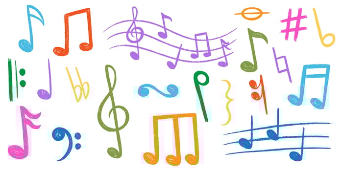 Crayon colored music notes set. Chalk doodle musical symbols collection. Kids pencil textured symbols. Charcoal brush scribbled music signs bundle. Sound elements. Hand drawn illustration vector