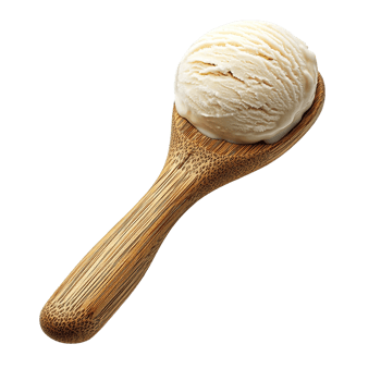 Bamboo Serving Spoon with Smooth Vanilla Ice Cream Scoop Isolated on a Transparent Background png