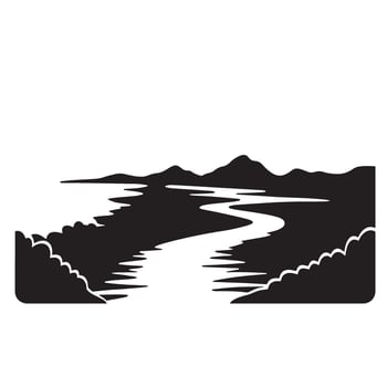 Black and white illustration of a winding river landscape with mountainous terrain vintage art vector