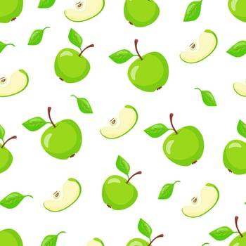 Green apples pattern. Whole fruits, slices, and quarters. Hand drawn vector