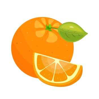 Orange icon set. Bright whole fruits, halves, slices with leaves. Elements for spring and summer design. Hand drawn. vector