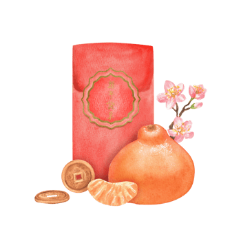 Red watercolor envelope with coins, tangerine and small Sakura twig. Lunar New Year gift. Chinese New Year clipart. Hand-drawn illustration for holiday postcards, invitations, posters, stickers png