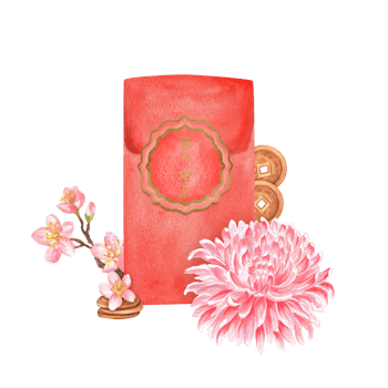 Lunar New Year gift with red watercolor envelope, pink chrysanthemum and coins, small Sakura twig. Chinese New Year clipart. Hand-drawn illustration for holiday postcards, invitations, posters png