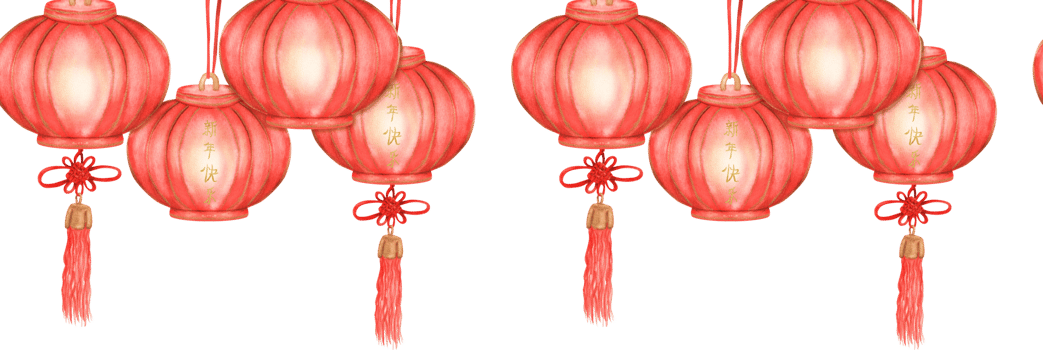 Ornate seamless border of illuminated red lanterns. Chinese New Year celebration. Lantern festival hanging festive decoration. Hand-drawn illustration for greeting cards, posters design png