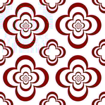 A seamless pattern featuring stylized red flowers with layered petals on a white background. The design is symmetrical and repetitive, creating a visually appealing floral motif. vector