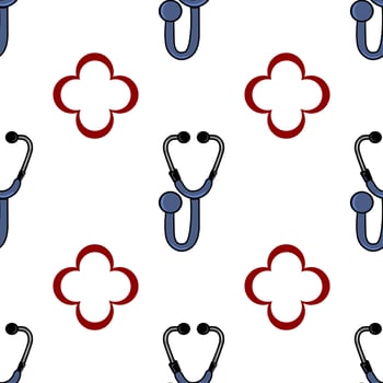 A seamless pattern featuring stethoscopes and red cross-like shapes on a white background. The stethoscopes are depicted in blue and black, while the flowers are in red. vector