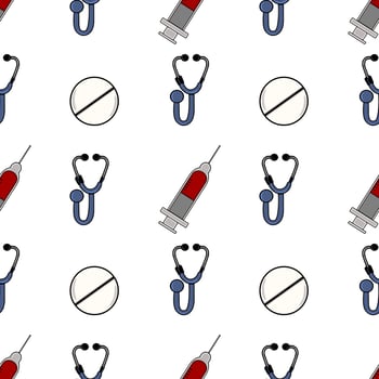 A seamless pattern featuring medical elements including syringes, stethoscopes, and pills on a white background. Ideal for healthcare-themed designs. vector