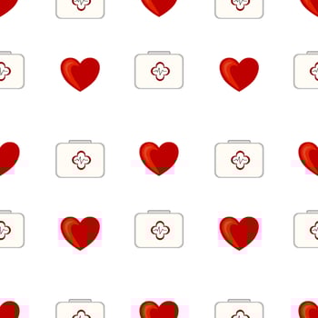A seamless pattern featuring red hearts and medical kits on a white background. The hearts symbolize love and care, while the medical kits represent health and emergency services. vector