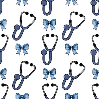 A repeating pattern featuring stethoscopes and blue bows on a white background. The stethoscopes are illustrated in blue and black, while the bows are a soft blue color. vector