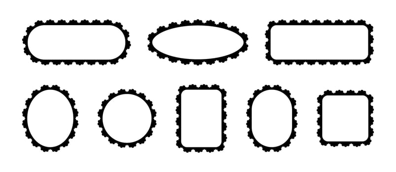 Frame with lace scallop edge. Ornament border of rectangular, round and square shapes. Set of classic patterns templates isolated on white background. vector