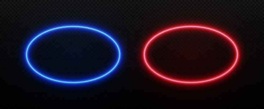 Neon light oval frame. Ellipse border with led glow. Fluorescent laser effect in blue and red color. vector