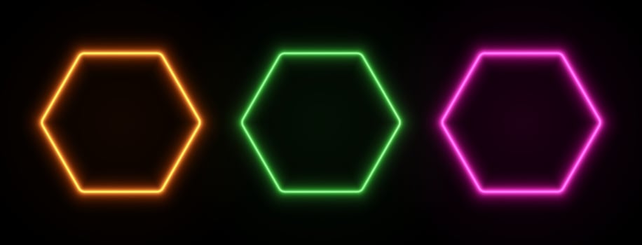 Hexagon neon light frame. Honeycomb border glow in orange, green and pink. Laser led effects for design. vector