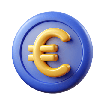 Rendered blue and gold euro coin on transparent background png