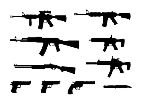 silhouettes of various guns and weapons vector