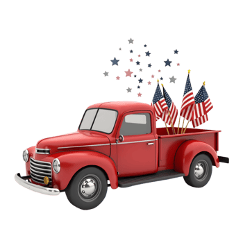 Patriotic Red Pickup Truck with American Flags 4th of July isolated on transparent background png