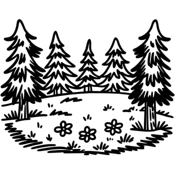 Forest glade illustration with evergreen pine trees and blooming wildflowers, natural woodland landscape drawing vector