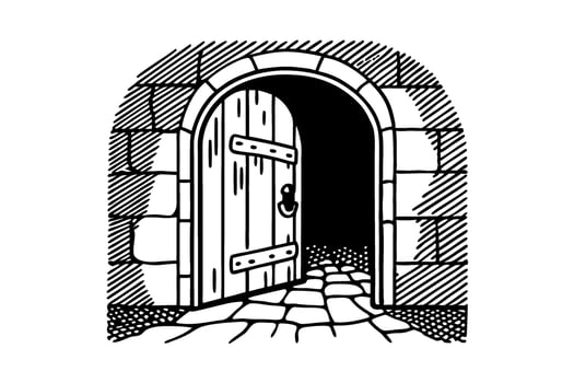 Medieval stone arch doorway with open wooden gate vintage castle entrance, old architecture illustration vector