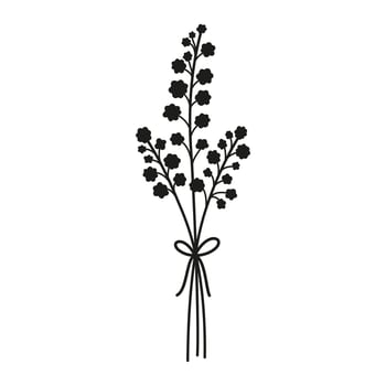 Floral bunch, silhouette in black color on white background. Bouquet of delicate wildflowers tied with ribbons, illustration for design project vector