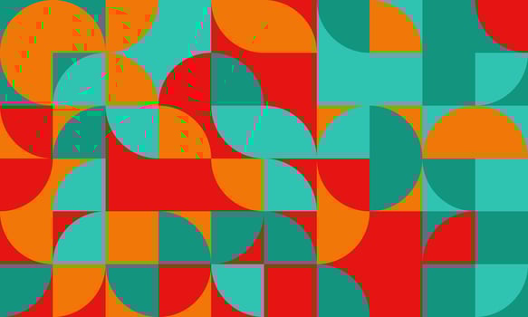 Vibrant geometric pattern featuring bold red, teal, and orange semicircles and squares. Ideal for modern designs, website backgrounds, textile prints, and branding. vector