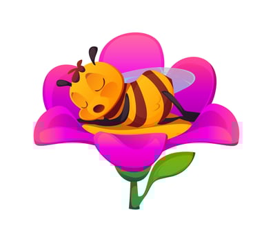 Honey bee sleeping in flower, cartoon character vector