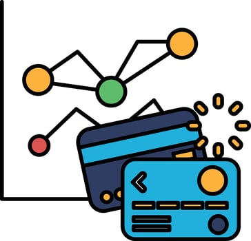 A blue credit card is shown next to a graph with a green circle on it vector