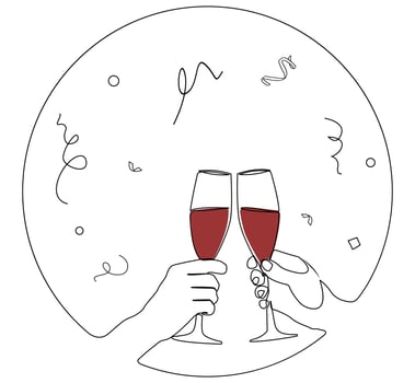 Minimalist one line illustration of two hands conferring over a wine glass to celebrate the New Year 2026, with festive confetti in the background vector