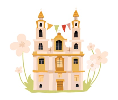 Cute castle with flowers. Color print in flat cartoon style. vector