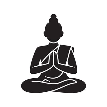 Black silhouette of person meditating in lotus pose with clasped hands meditation vector