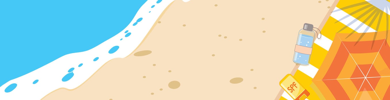 Seaside scene, beach towel, parasol, sunscreen, water, sand, palm leaf shadow, holiday wellbeing vector