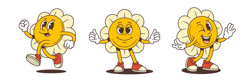 Funny Jumping Cartoon Flower Characters With Thumbs Up And Winking Faces Illustration vector