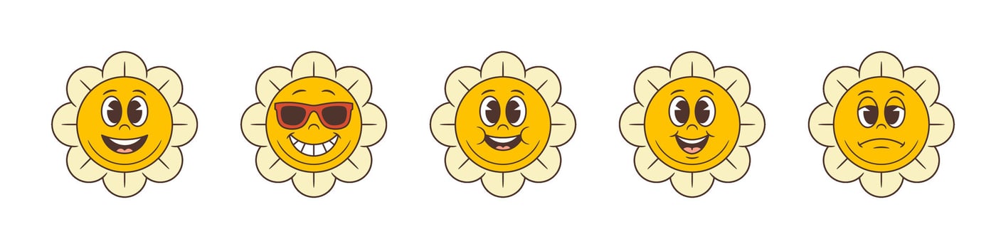Cheerful Expressive Cartoon Flower Mascot Characters With Diverse Emotions Friendly Playful Vibrant Illustration vector