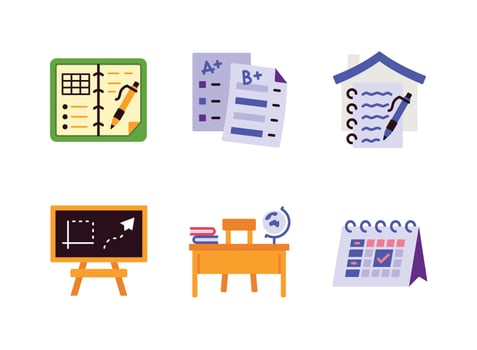Planner, Report Card, Homework, Chalkboard, Teacher Table, Calendar Flat Color Icons vector